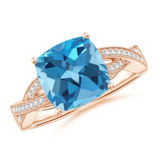 9mm AA Solitaire Cushion Swiss Blue Topaz Criss Cross Ring with Diamonds in 10K Rose Gold