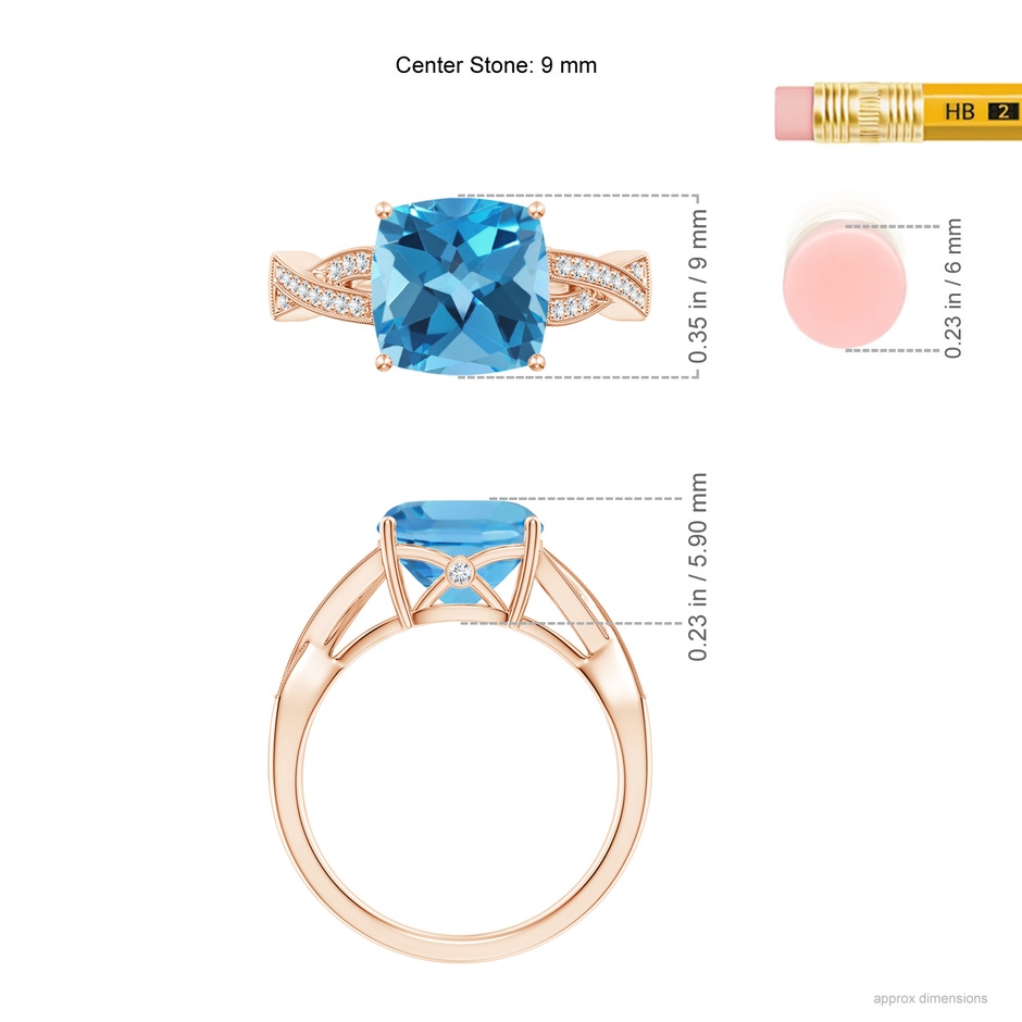 9mm AA Solitaire Cushion Swiss Blue Topaz Criss Cross Ring with Diamonds in Rose Gold ruler