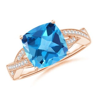 9mm AAA Solitaire Cushion Swiss Blue Topaz Criss Cross Ring with Diamonds in 10K Rose Gold