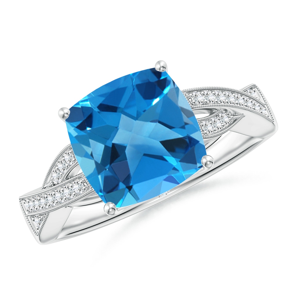 9mm AAAA Solitaire Cushion Swiss Blue Topaz Criss Cross Ring with Diamonds in 10K White Gold