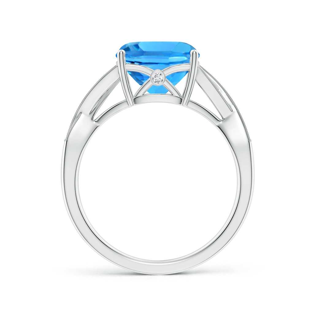 9mm AAAA Solitaire Cushion Swiss Blue Topaz Criss Cross Ring with Diamonds in 10K White Gold Side-1