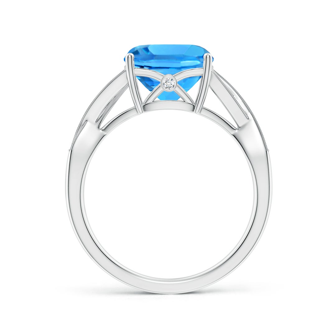 9mm AAAA Solitaire Cushion Swiss Blue Topaz Criss Cross Ring with Diamonds in White Gold - side 3