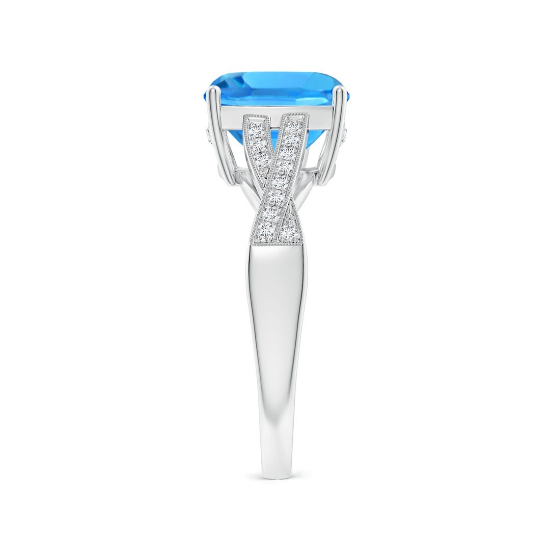 9mm AAAA Solitaire Cushion Swiss Blue Topaz Criss Cross Ring with Diamonds in White Gold - side 5
