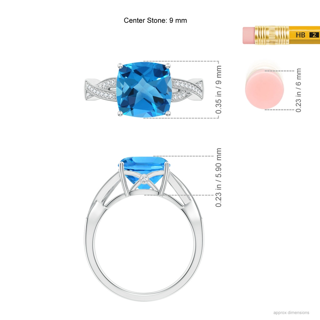 9mm AAAA Solitaire Cushion Swiss Blue Topaz Criss Cross Ring with Diamonds in White Gold Ruler