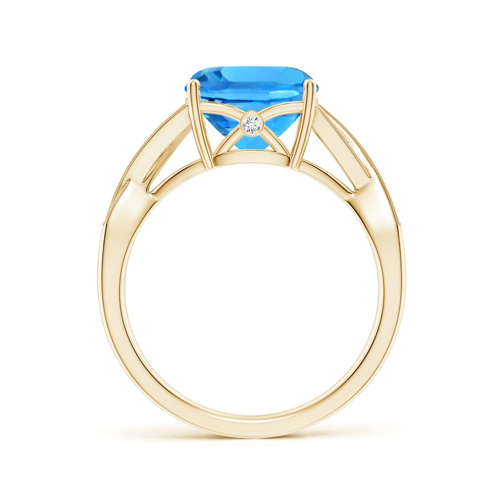 9mm AAAA Solitaire Cushion Swiss Blue Topaz Criss Cross Ring with Diamonds in Yellow Gold Side-1