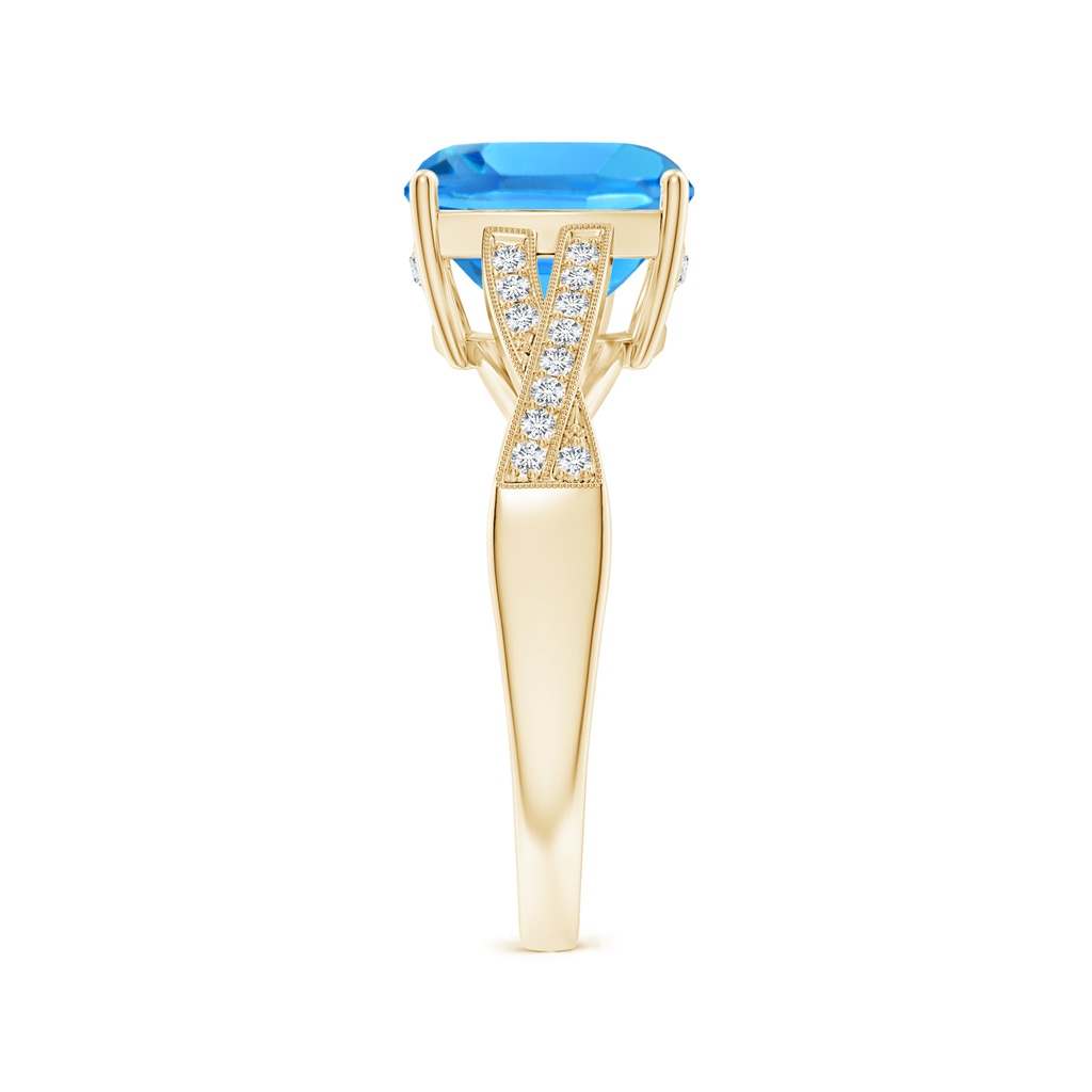 9mm AAAA Solitaire Cushion Swiss Blue Topaz Criss Cross Ring with Diamonds in Yellow Gold Side-2