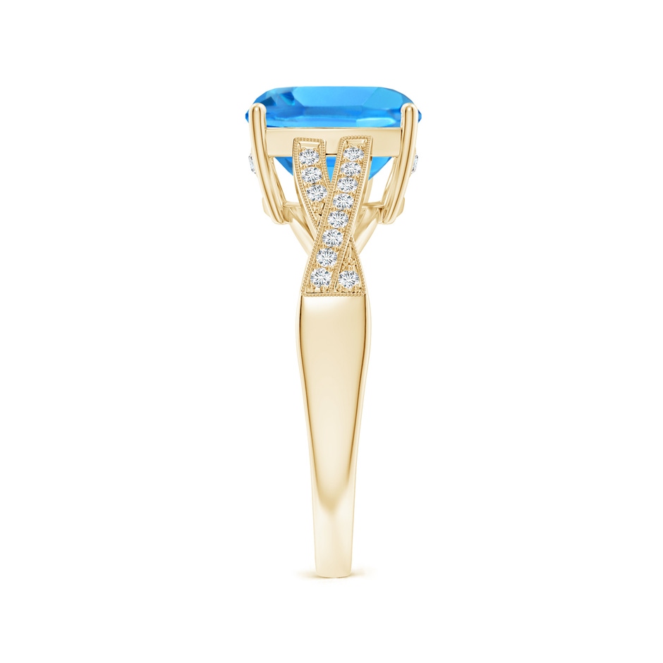 9mm AAAA Solitaire Cushion Swiss Blue Topaz Criss Cross Ring with Diamonds in Yellow Gold side-2