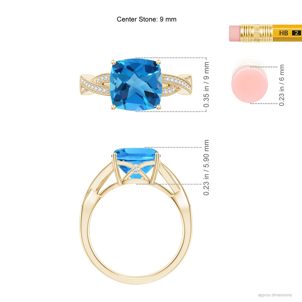 9mm AAAA Solitaire Cushion Swiss Blue Topaz Criss Cross Ring with Diamonds in Yellow Gold Ruler