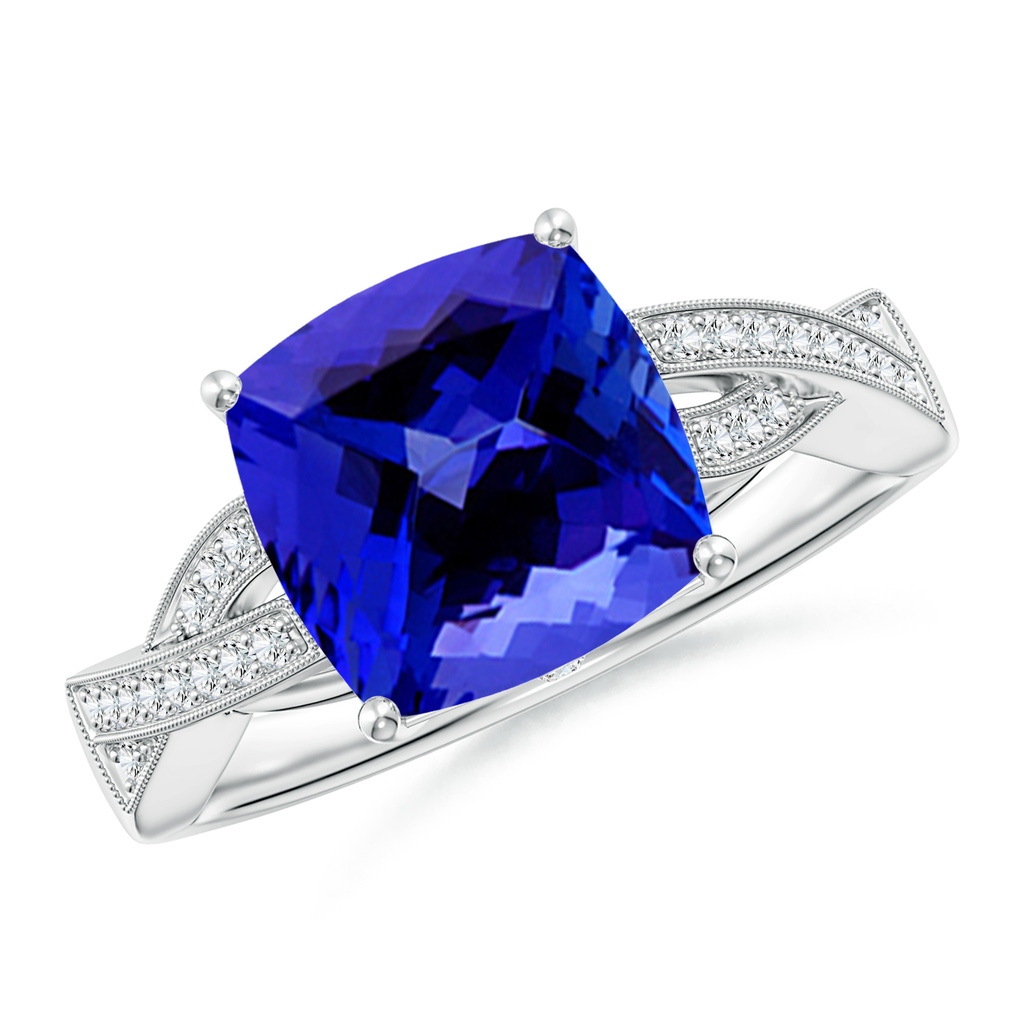 9mm AAAA Solitaire Cushion Tanzanite Criss Cross Ring with Diamonds in White Gold