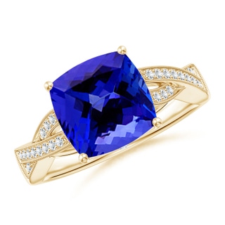9mm AAAA Solitaire Cushion Tanzanite Criss Cross Ring with Diamonds in Yellow Gold