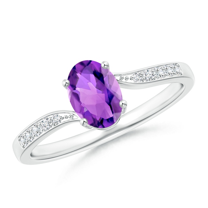 7x5mm AAA Solitaire Oval Amethyst Bypass Ring with Pavé Diamonds in White Gold