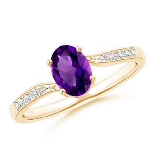 7x5mm AAAA Solitaire Oval Amethyst Bypass Ring with Pavé Diamonds in 9K Yellow Gold