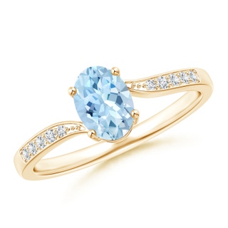 7x5mm AAA Solitaire Oval Aquamarine Bypass Ring with Pavé Diamonds in Yellow Gold