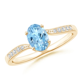 7x5mm AAAA Solitaire Oval Aquamarine Bypass Ring with Pavé Diamonds in Yellow Gold