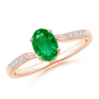 7x5mm AAA Solitaire Oval Emerald Bypass Ring with Pavé Diamonds in Rose Gold