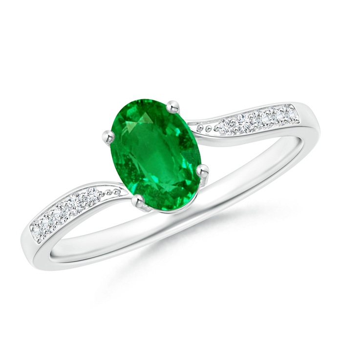 7x5mm AAAA Solitaire Oval Emerald Bypass Ring with Pavé Diamonds in S999 Silver