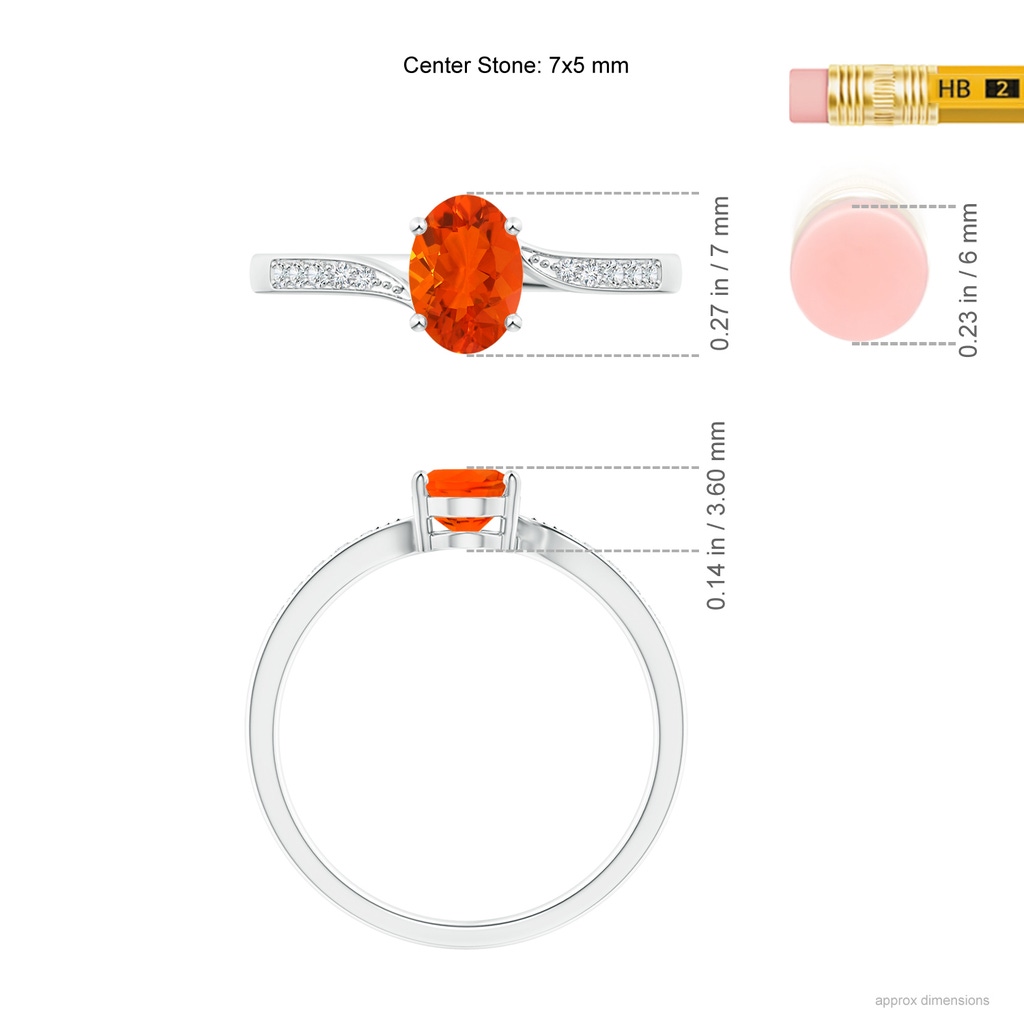 7x5mm AAA Solitaire Oval Fire Opal Bypass Ring with Pave Diamonds in White Gold Ruler