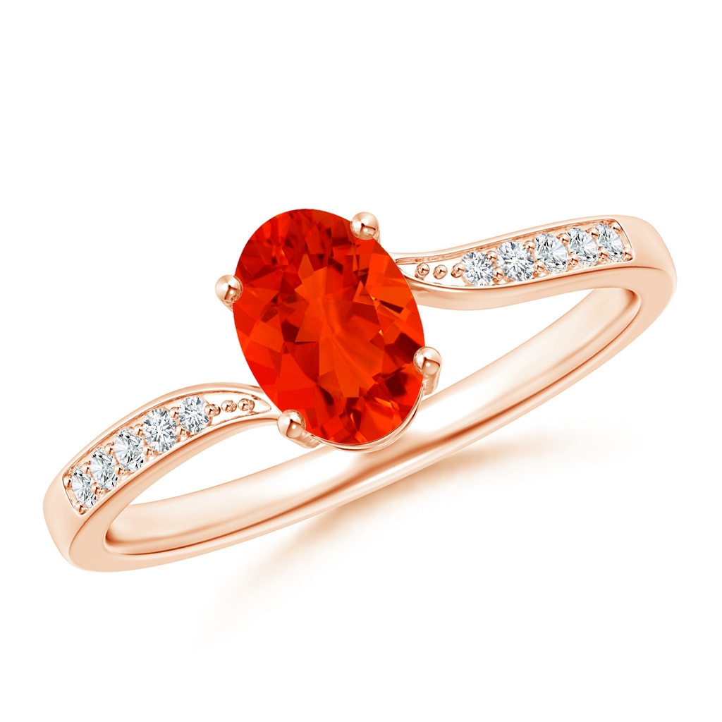 7x5mm AAAA Solitaire Oval Fire Opal Bypass Ring with Pave Diamonds in Rose Gold