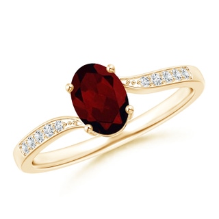 7x5mm A Solitaire Oval Garnet Bypass Ring with Pavé Diamonds in 9K Yellow Gold