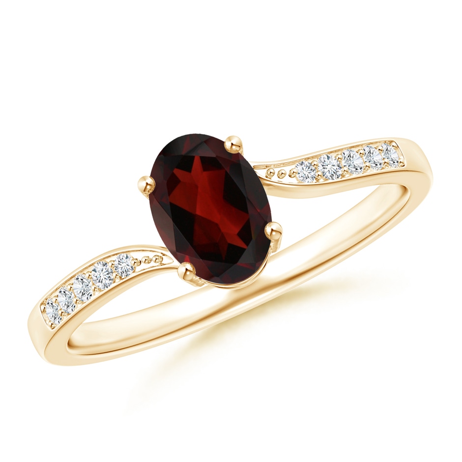 7x5mm AA Solitaire Oval Garnet Bypass Ring with Pavé Diamonds in Yellow Gold 