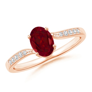 7x5mm AAA Solitaire Oval Garnet Bypass Ring with Pavé Diamonds in 9K Rose Gold