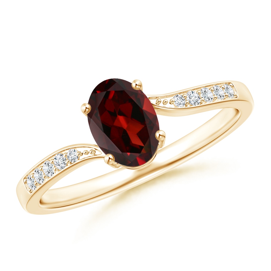 7x5mm AAA Solitaire Oval Garnet Bypass Ring with Pavé Diamonds in Yellow Gold 
