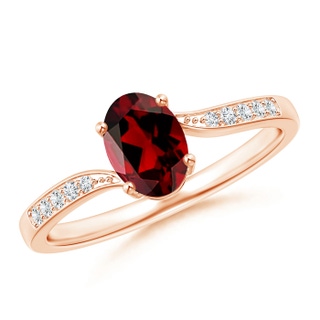 7x5mm AAAA Solitaire Oval Garnet Bypass Ring with Pavé Diamonds in 9K Rose Gold