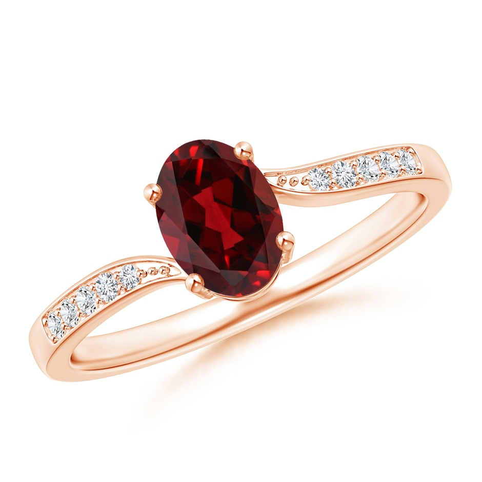 7x5mm AAAA Solitaire Oval Garnet Bypass Ring with Pavé Diamonds in Rose Gold 