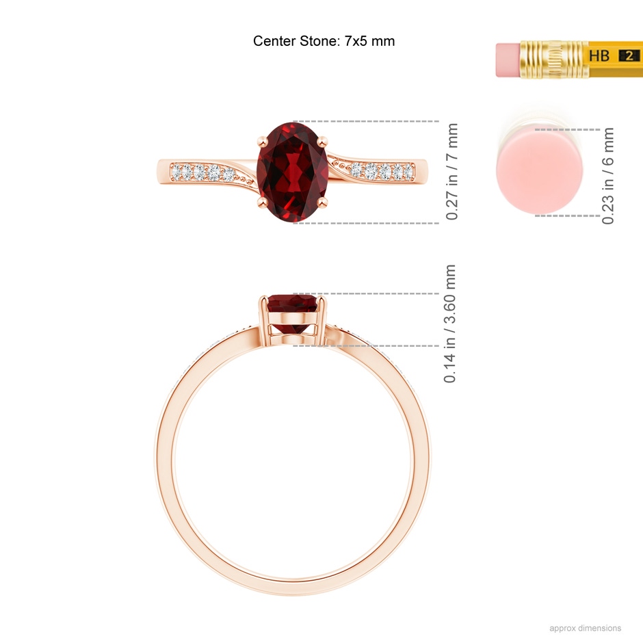 7x5mm AAAA Solitaire Oval Garnet Bypass Ring with Pavé Diamonds in Rose Gold ruler