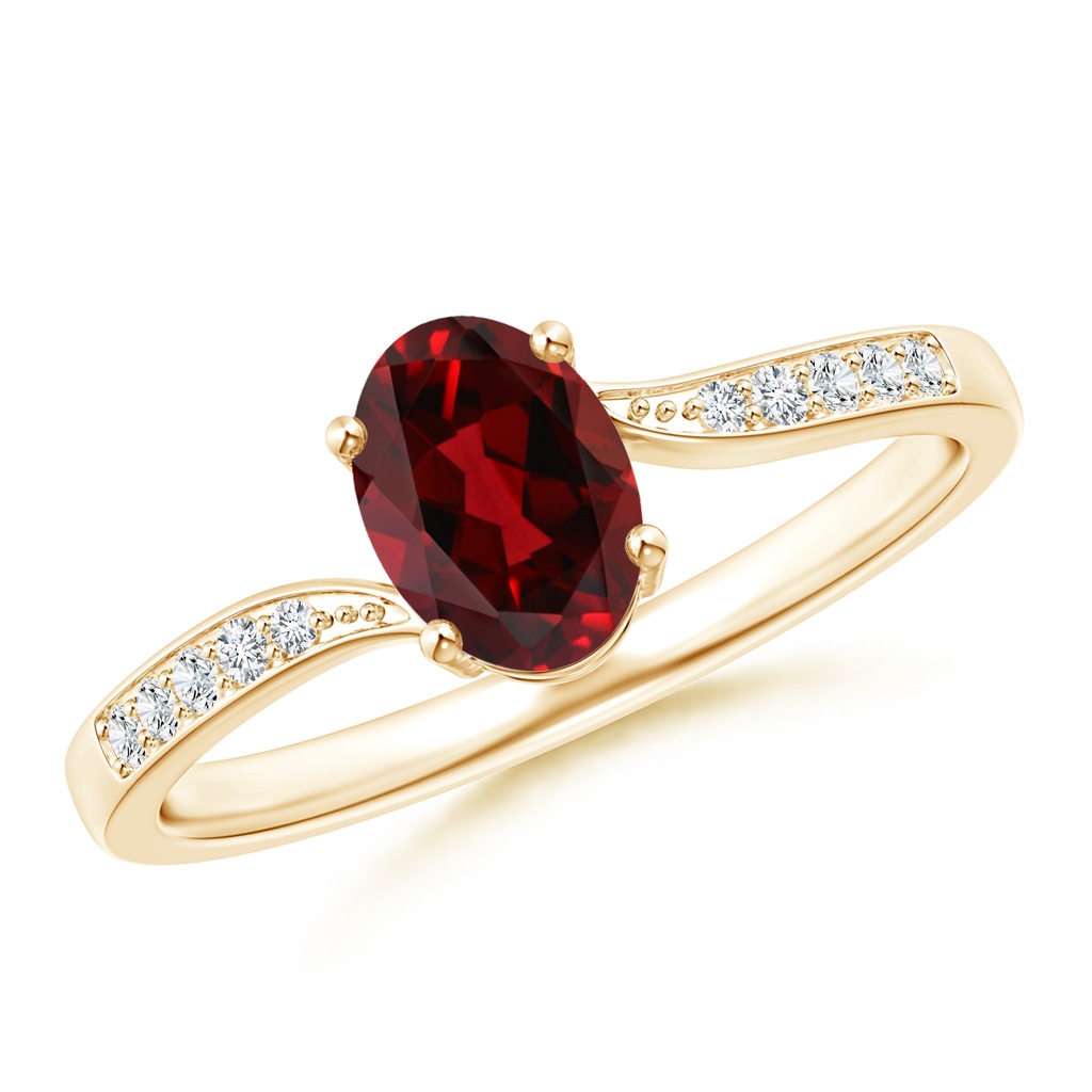 7x5mm AAAA Solitaire Oval Garnet Bypass Ring with Pavé Diamonds in Yellow Gold
