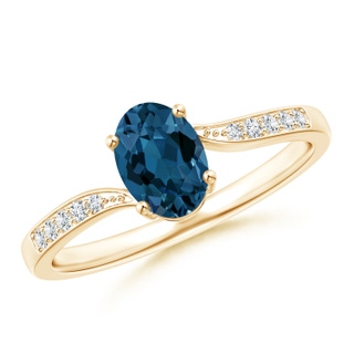 7x5mm AAA Solitaire London Blue Topaz Bypass Ring with Pavé Diamonds in Yellow Gold