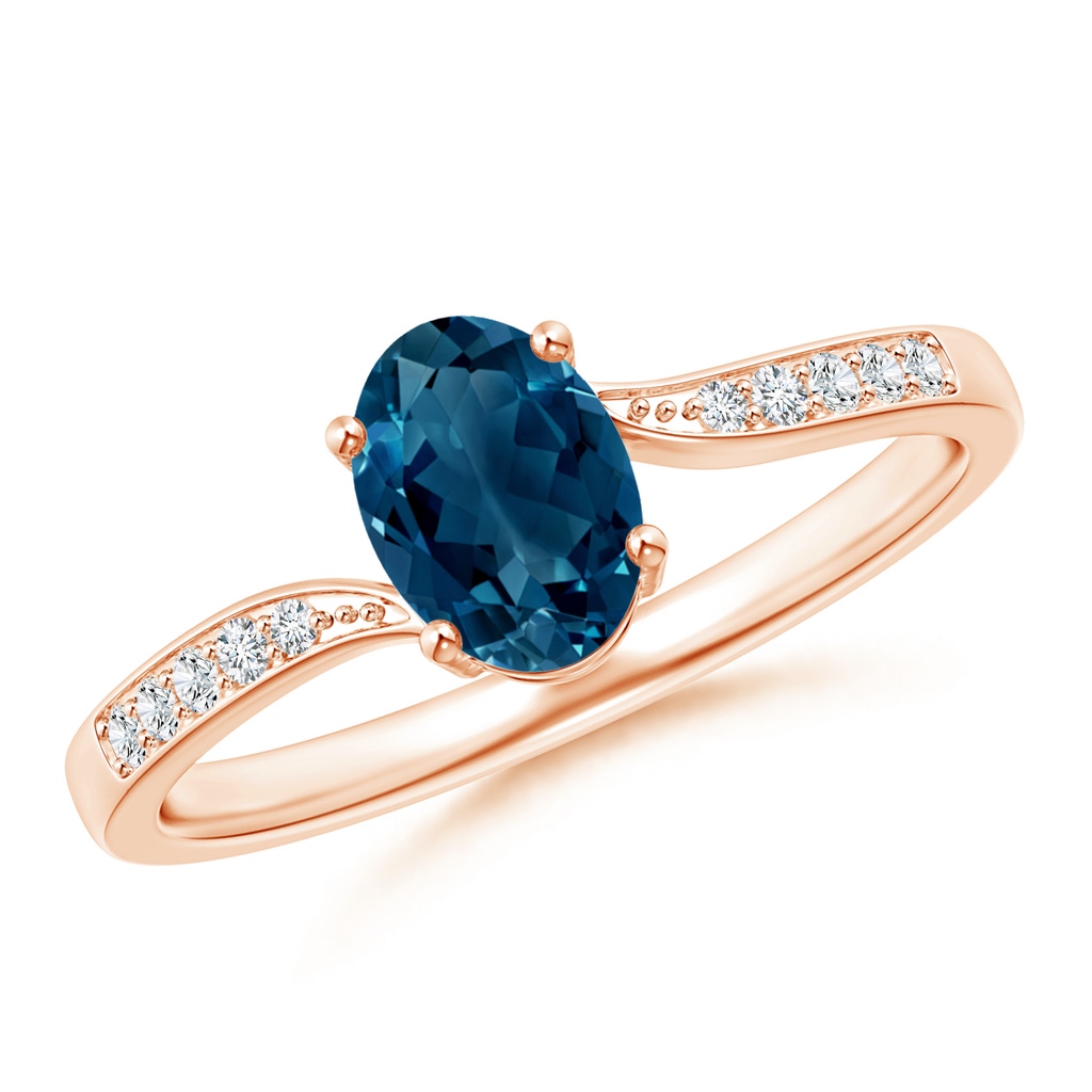 7x5mm AAAA Solitaire London Blue Topaz Bypass Ring with Pavé Diamonds in Rose Gold