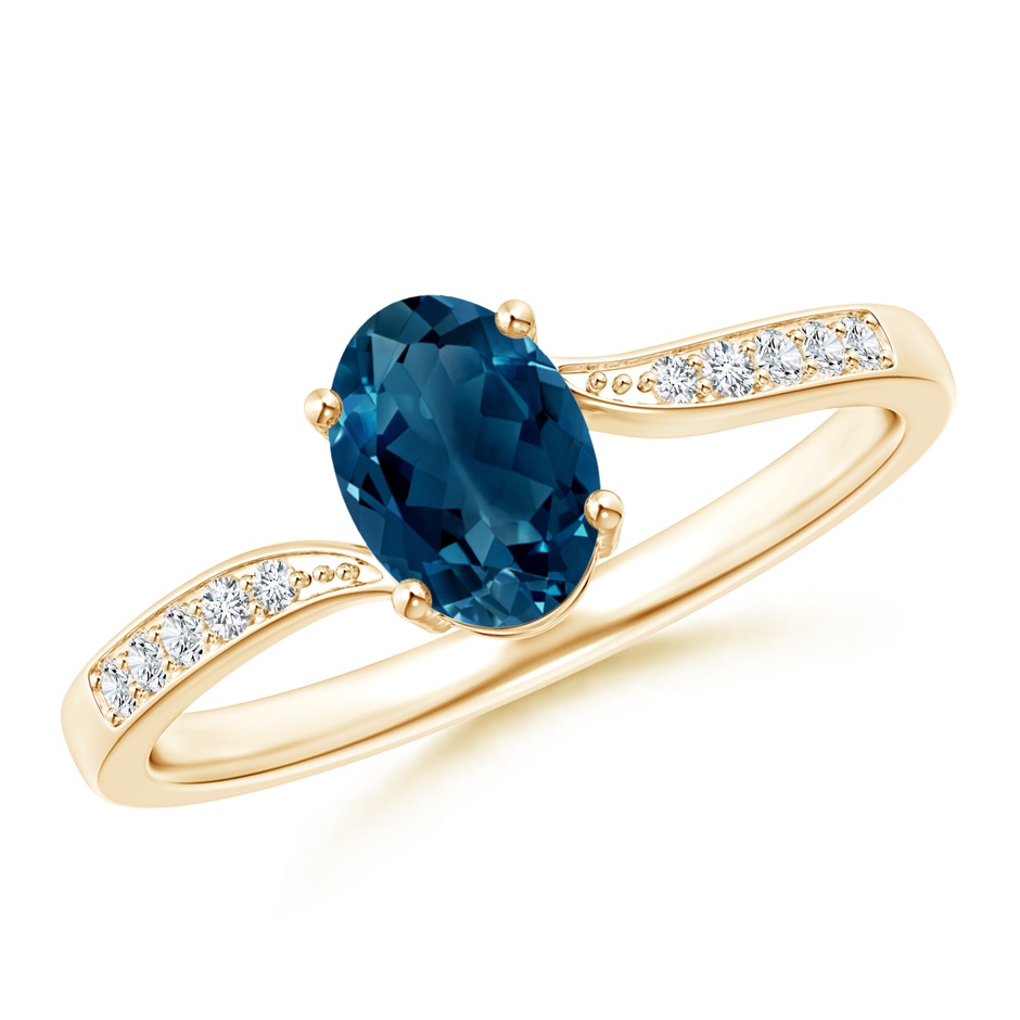 7x5mm AAAA Solitaire London Blue Topaz Bypass Ring with Pavé Diamonds in Yellow Gold 