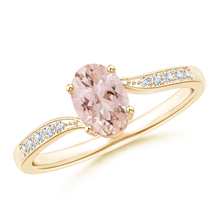 7x5mm AAA Solitaire Oval Morganite Bypass Ring with Pavé Diamonds in Yellow Gold 