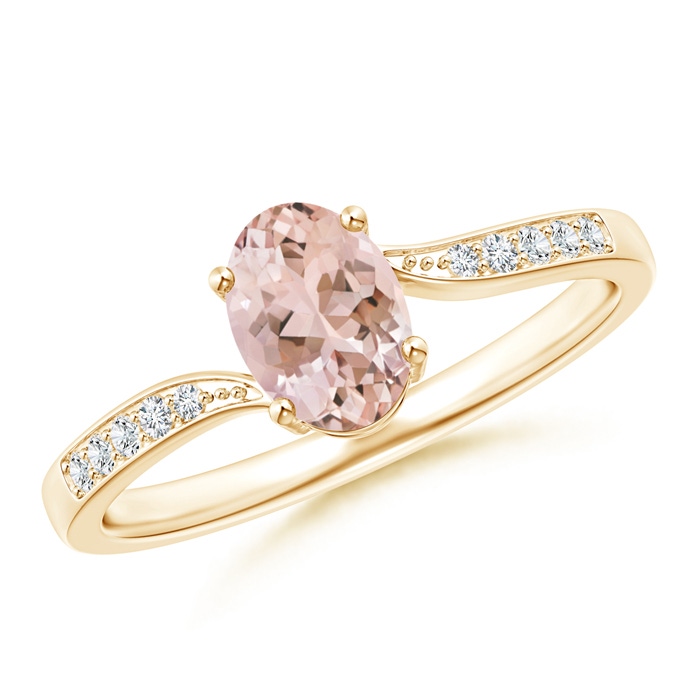 7x5mm AAAA Solitaire Oval Morganite Bypass Ring with Pavé Diamonds in 10K Yellow Gold 