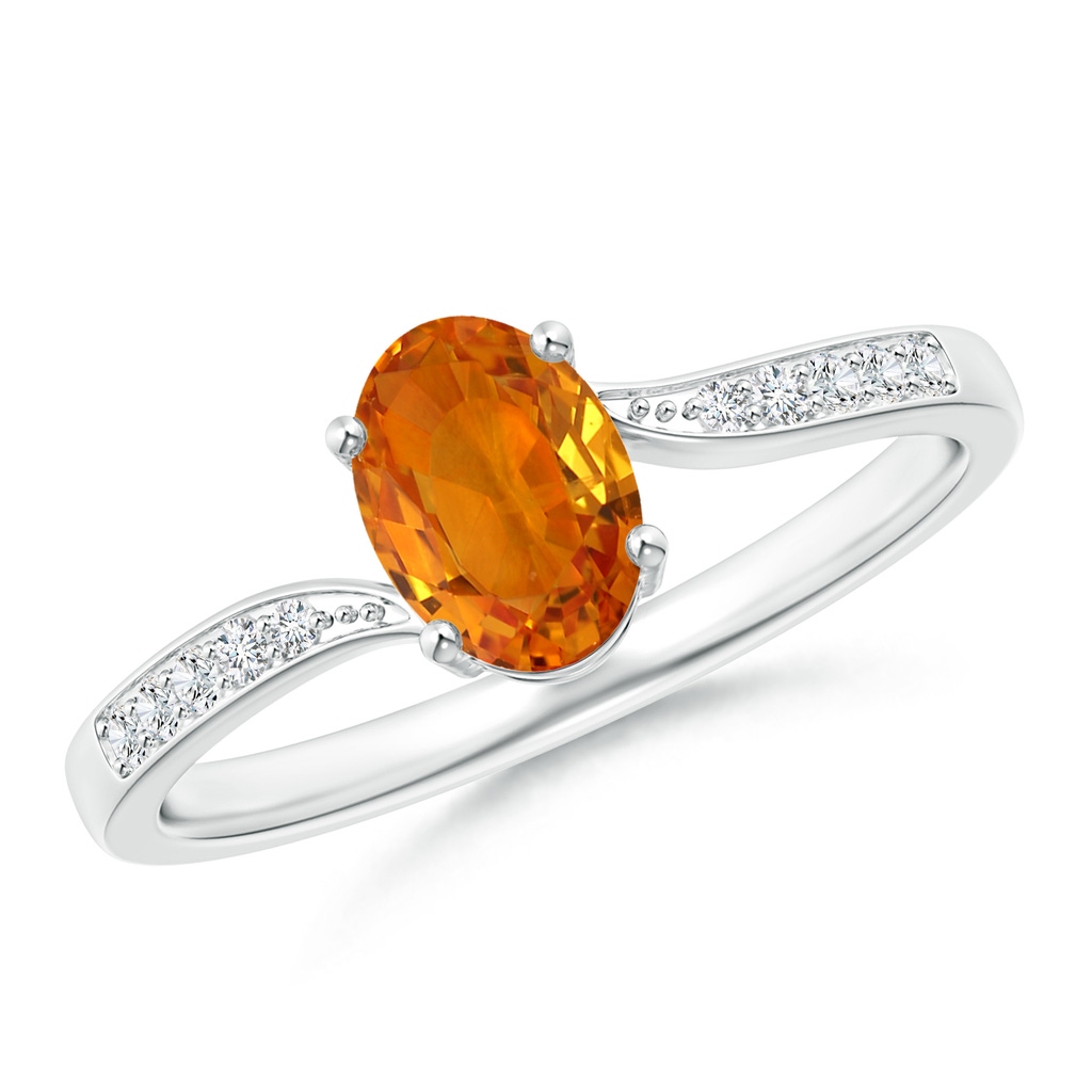 7x5mm AAA Solitaire Oval Orange Sapphire Bypass Ring with Pave Diamonds in White Gold