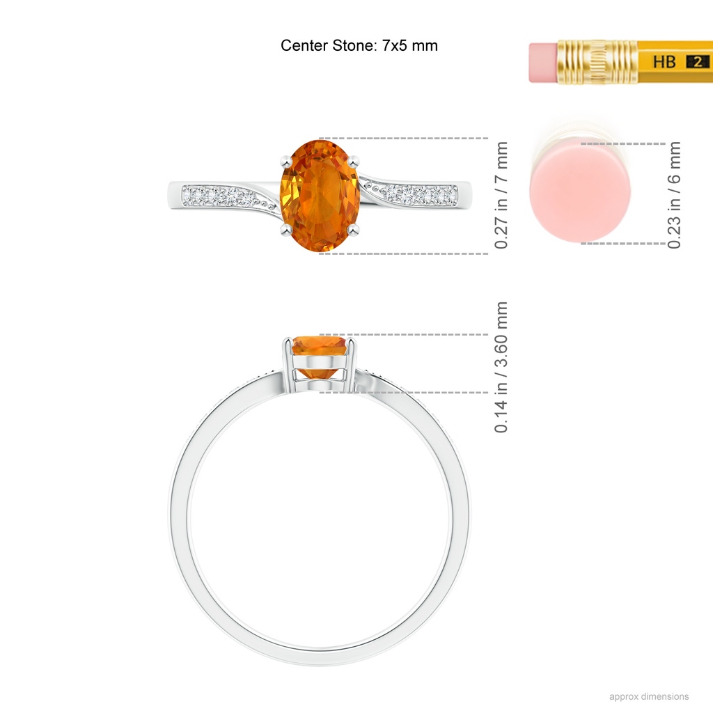 7x5mm AAA Solitaire Oval Orange Sapphire Bypass Ring with Pave Diamonds in White Gold Ruler