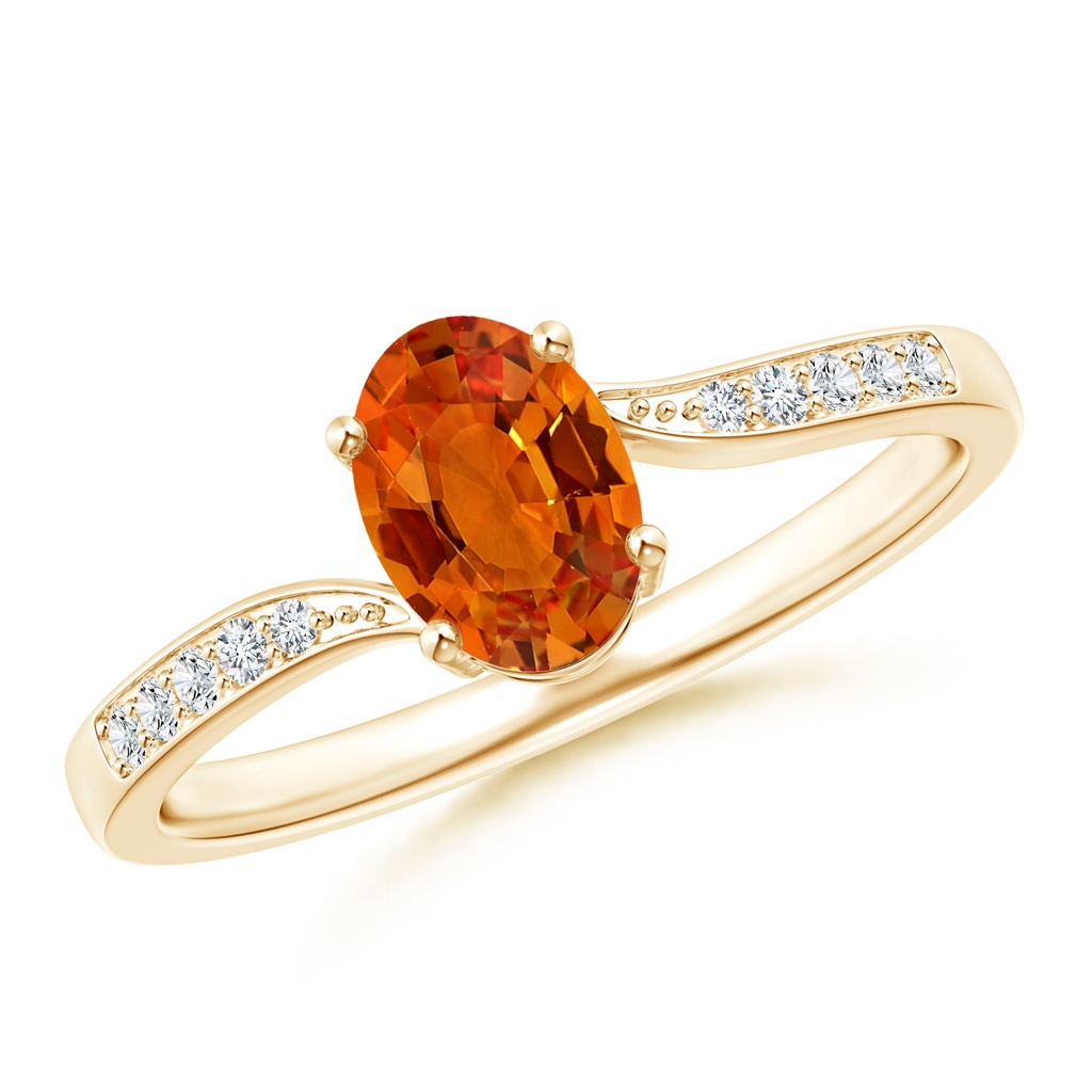 7x5mm AAAA Solitaire Oval Orange Sapphire Bypass Ring with Pave Diamonds in Yellow Gold