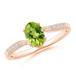 7x5mm AAA Solitaire Oval Peridot Bypass Ring with Pavé Diamonds in Rose Gold