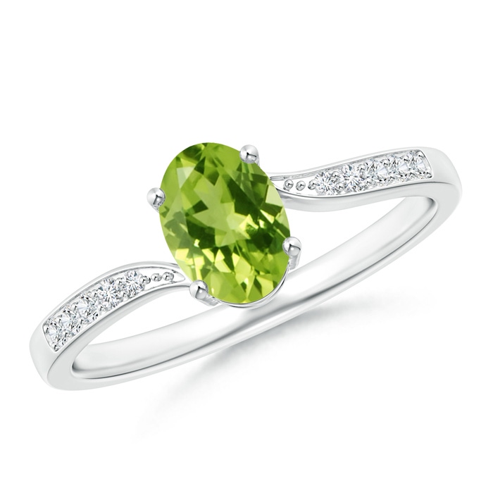 7x5mm AAA Solitaire Oval Peridot Bypass Ring with Pavé Diamonds in White Gold