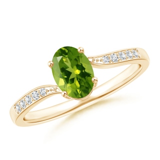 7x5mm AAAA Solitaire Oval Peridot Bypass Ring with Pavé Diamonds in Yellow Gold