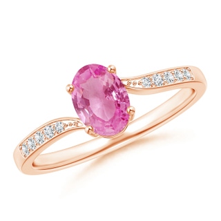 7x5mm AA Solitaire Oval Pink Sapphire Bypass Ring with Pavé Diamonds in 10K Rose Gold
