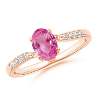 7x5mm AAA Solitaire Oval Pink Sapphire Bypass Ring with Pavé Diamonds in 10K Rose Gold