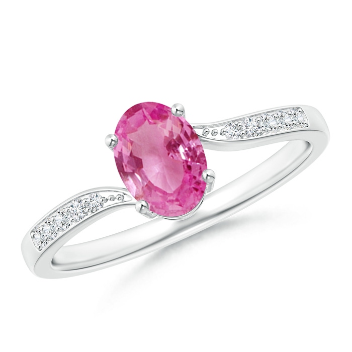 7x5mm AAA Solitaire Oval Pink Sapphire Bypass Ring with Pavé Diamonds in White Gold 