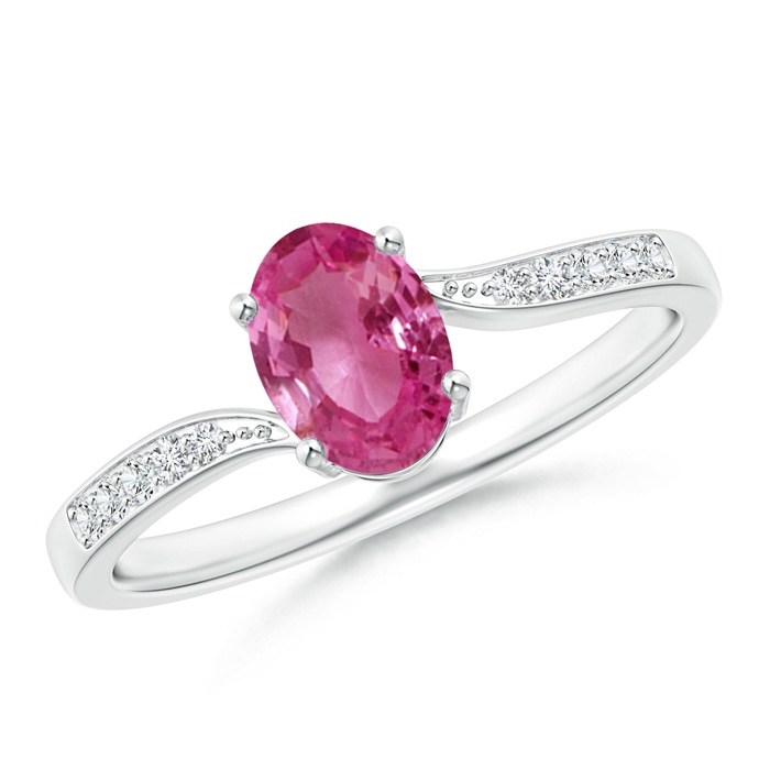 7x5mm AAAA Solitaire Oval Pink Sapphire Bypass Ring with Pavé Diamonds in 10K White Gold