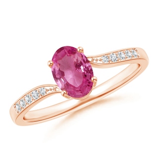 7x5mm AAAA Solitaire Oval Pink Sapphire Bypass Ring with Pavé Diamonds in Rose Gold