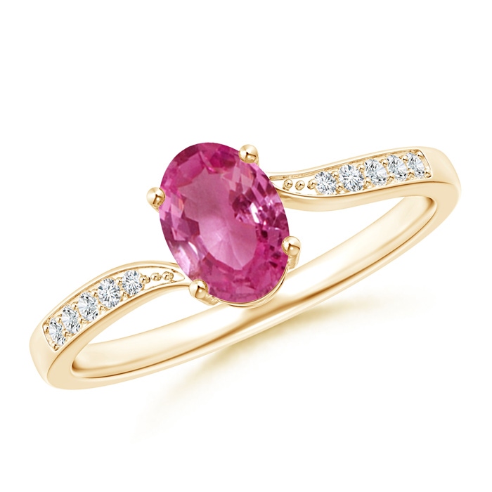 7x5mm AAAA Solitaire Oval Pink Sapphire Bypass Ring with Pavé Diamonds in Yellow Gold