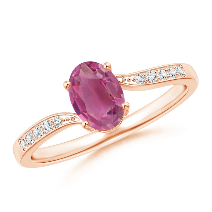 7x5mm AAA Solitaire Oval Pink Tourmaline Bypass Ring with Pavé Diamonds in Rose Gold 