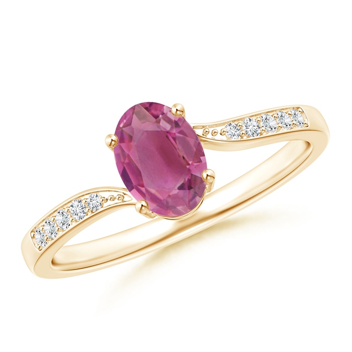 7x5mm AAA Solitaire Oval Pink Tourmaline Bypass Ring with Pavé Diamonds in Yellow Gold 