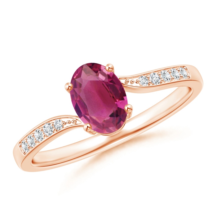 7x5mm AAAA Solitaire Oval Pink Tourmaline Bypass Ring with Pavé Diamonds in Rose Gold 